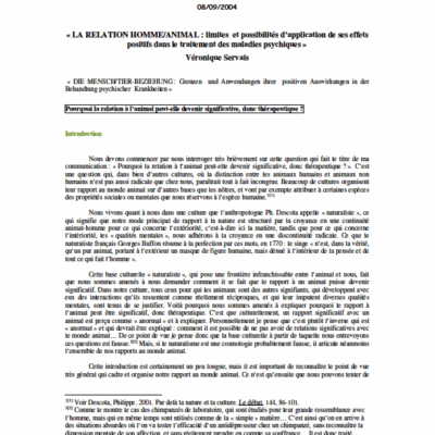 La relation Homme/animal : limites et possibilités d'application de ses effets positifs dans le traitement des maladies psychiques