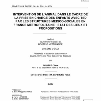 Intervention de l'animal dans le cadre de la prise en charge des enfants avec TED par les structures médico-sociales en France métropolitaine : état des lieux et propositions