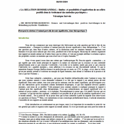 LA RELATION HOMME/ANIMAL : limites et possibilités d'application de ses effets positifs dans le traitement des maladies psychiques