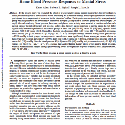 Pet ownership, but no ace inhibitor therapy, blunts home blood pressure responses to mental stress
