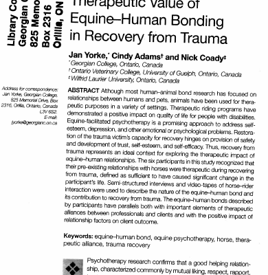 Therapeutic value of equine-human bonding in recovery from trauma
