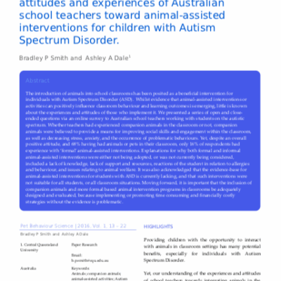 Présence animale en milieu scolaire accueillant des enfants autistes. Enquête auprès des enseignants australiens